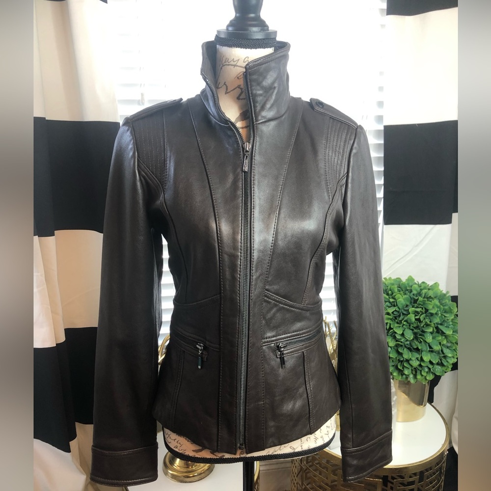 Kenneth Cole Chocolate Brown Moto Motorcycle Lamb Skin Leather Jacket - Medium